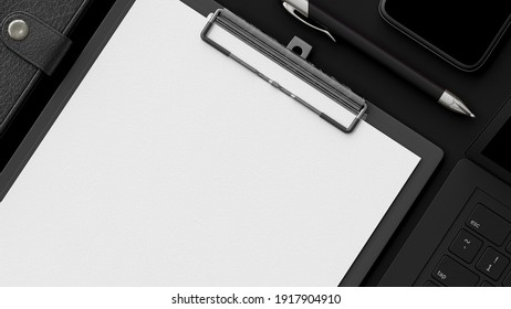 Clipboard on black office desk with notebook and cup coffee. 3D Render - Shutterstock ID 1917904910