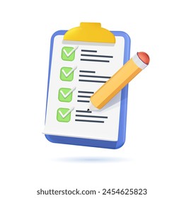 Clipboard task management with checkmarks 3D illustration. Clipboard with checklist with green check marks and pen. To do list, weekly schedule. Productivity diary. Planner 3D icon - Powered by Shutterstock