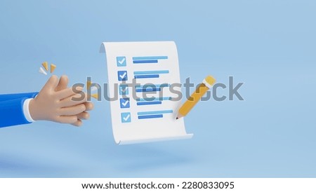 Clipboard task management to do check list with pencil. Various hands clap give congratulations for successfully complete business assignments icon. Realistic elements. 3d rendering illustration.