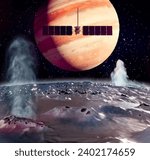 Clipper spacecraft on a flyby over Europa’s surface with Jupiter rising in the background. 3d rendering. Element of this image are furnished by Nasa