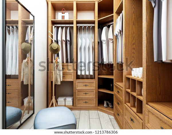 The cloakroom design of the home, the\
open solid wood closet is neatly hung with various clothes, with a\
sofa bench and a mirror in the middle.3D\
rendering