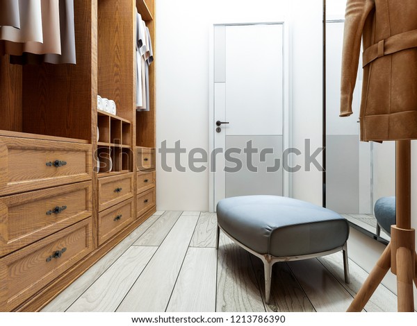 The cloakroom design of the home, the\
open solid wood closet is neatly hung with various clothes, with a\
sofa bench and a mirror in the middle.3D\
rendering