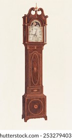 Clock (1937) by Harry Eisman and Arsen Maralian.  Vintage wooden grandfather clock art drawing, antique home decor old illustration, wooden clock art print painting.