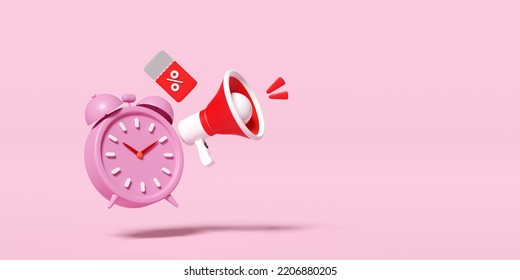 Clock Alarm With Megaphone, Discount Sales Isolated On Pink. Price Tags Coupon, Announce Promotion News, Last Minute Offer, Flat Sales Shopping Concept, 3d Render Illustration, Clipping Path