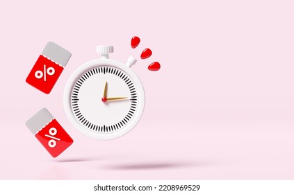 Clock Alarm, Stopwatch With Discount Sales Isolated On Pink. Price Tags Coupon, Announce Promotion News, Last Minute Offer, Flat Sales Shopping, 3d Render Illustration, Clipping Path