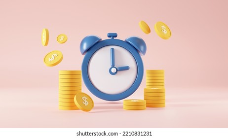 Clock And Coins. Time Is Money Concept. Tax Time Reminder. Business Investments, Earnings And Financial Savings. Fast Money. . 3D Rendering