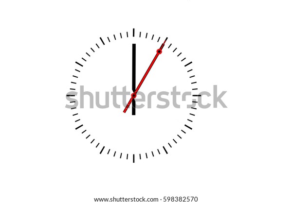 Clock, dial\
with a minute hand and a red second hand indicates twelve o\'clock.\
Copy space against white\
background.