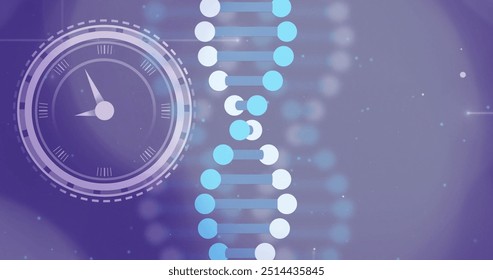 Clock and DNA strand image over blurred background. Time, biotechnology, genetics, innovation, science, research