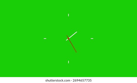 A clock face with white tick marks and red and white hands, set against a vibrant green screen background for easy editing.