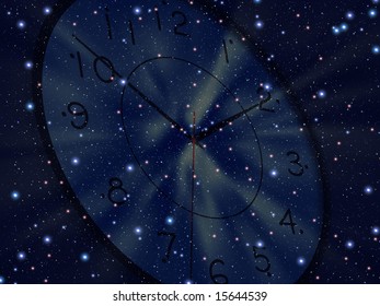 Clock is floating in space. Time