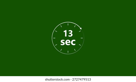 Clock icon 13 Second white color 4k illustration. Stopwatch in beautiful 13 Second on green background.