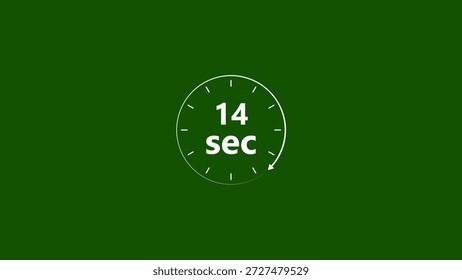 Clock icon 14 Second white color 4k illustration. Stopwatch in beautiful 14 Second on green background.