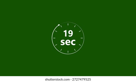 Clock icon 19 Second white color 4k illustration. Stopwatch in beautiful 19 Second on green background.