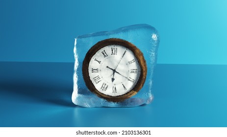 Clock inside an ice cube . Deadline and time wasting concept . This is a 3d render illustration . 