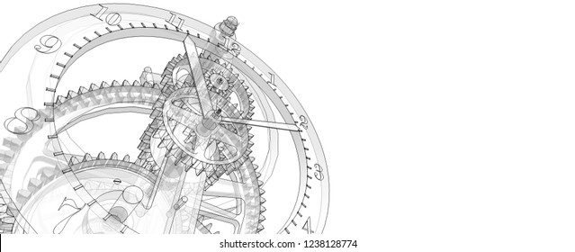 clock, mechanism, sketch, 3d illustration