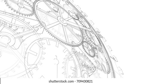 clock, mechanism, sketch, 3d illustration