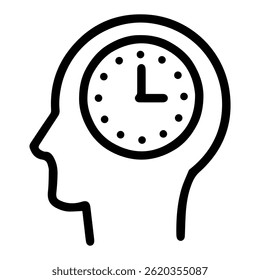 Clock in mind (outline style). Temporal thought, schedule concept, deadline awareness, punctuality focus, chronological thinking, time management, mindful of hours, clock-watching brain