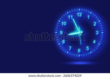 Clock on dark blue background, space for text. Time concept