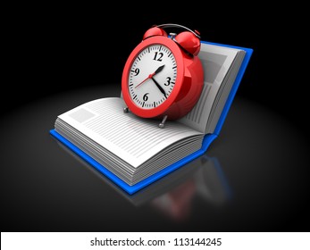 Clock placed on blue open book over black background