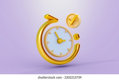Clock With Rotation Arrow Check Mark Sign 3d Render Concept For Time Rewind History Complete
