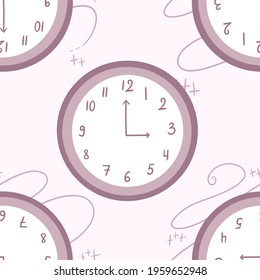 Clock seamless pattern flat illustration  Round Wall Clock in Scandinavian style  dusty rose color  Time sign  watch dial pink background 