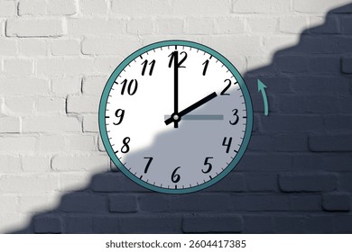 The clock shows its hands moving back from 3 a.m. to 2 a.m. in autumn. The end of daylight saving time. The time transition. Against a white brick wall, divided in half by a shadow.