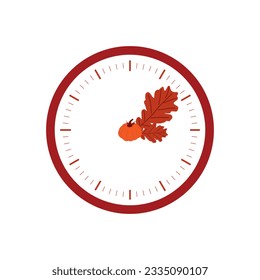 Clock switch to winter time. Daylight saving time ends. A clocks in a floral frame of autumn orange foliage and turning an hour back. Flat modern illustration.