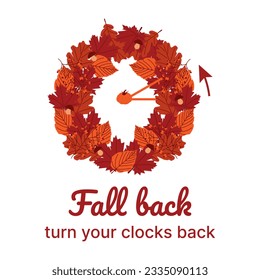 Clock switch to winter time. Daylight saving time ends. A clocks in a floral frame of autumn orange foliage and turning an hour back. Flat modern illustration. - Powered by Shutterstock - Get 15% off with code: PIKWIZARD15