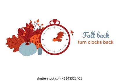 Clock switch to winter time. Daylight saving time ends. A clocks in a floral frame of autumn orange foliage and turning an hour back. Flat modern illustration. - Powered by Shutterstock - Get 15% off with code: PIKWIZARD15