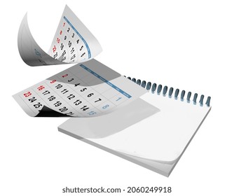 Clock Time Calendar Flying Pages Isolated  For Background  - 3d Rendering