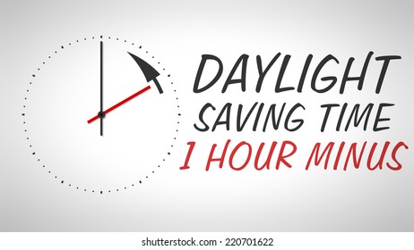 A clock at the wall with text daylight saving time 1 hour minus