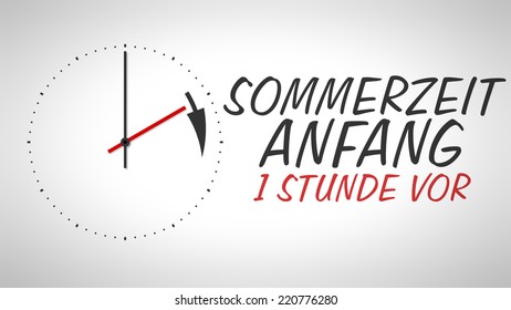 A clock at the wall with text daylight saving time starts 1 hour plus in german language - Powered by Shutterstock - Get 15% off with code: PIKWIZARD15