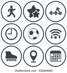 Clock, Wifi And Stars Icons. Football Ball, Roller Skates, Running Icons. Fitness Sport Symbols. Gym Workout Equipment. Calendar Symbol.