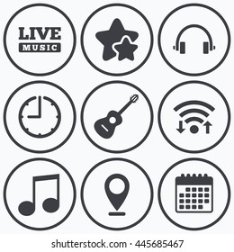 Clock, Wifi And Stars Icons. Musical Elements Icons. Musical Note Key And Live Music Symbols. Headphones And Acoustic Guitar Signs. Calendar Symbol.