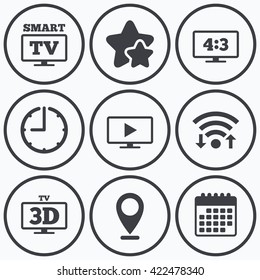 Clock, wifi and stars icons. Smart TV mode icon. Aspect ratio 4:3 widescreen symbol. 3D Television sign. Calendar symbol.