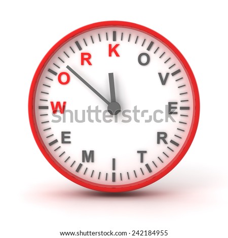 Clock with work overtime text, 3d render