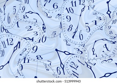 Clocks And Clock Hands That Is Pulled / Twisted Out Of A Regular Shape. Used For Ideas About Distortion Of Time, Time Warping, Time Changing, Speed Warp Or Things That Change Quickly. 3d Illustration.