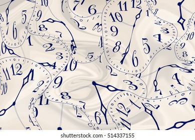 Clocks And Clock Hands That Is Pulled / Twisted Out Of A Regular Shape. Used For Ideas About Distortion Of Time, Time Warping, Time Changing, Speed Warp Or Things That Change Quickly. 3d Illustration.