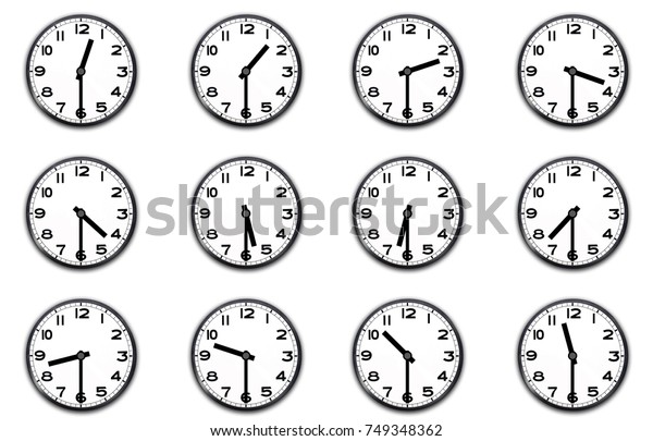 Clocks Indicating Half Hour On White Stock Illustration 749348362
