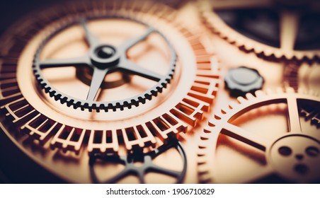 Clockwork mechanism. Gears and cogs rotating. Close-up 3D illustration