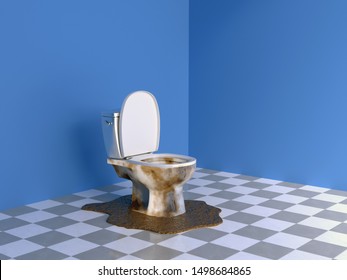 Clogged Toilet In A Blue Room, 3d Illustration