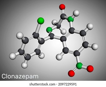 Clonazepam molecule. It is is benzodiazepine, anticonvulsant, used to treat panic disorders, severe anxiety, seizures. Molecular model. 3D rendering. Illustration