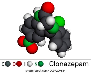 Clonazepam molecule. It is is benzodiazepine, anticonvulsant, used to treat panic disorders, severe anxiety, seizures. Molecular model. 3D rendering. Illustration