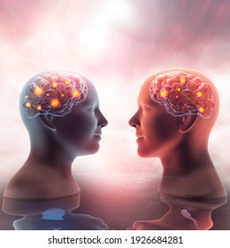 Close up 3d illustration of male and female x-ray silhouettes looking at each other. Semi transparent heads with brain connections against dreamy background.