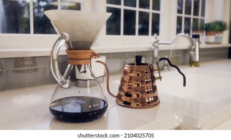 Close Up Of 3D Kitchen Rendering In Early Morning Featuring Fancy Coffee Maker