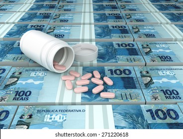 Close Up Of 3D Medicine, Tablets Pills On Top Of Brazil Money 