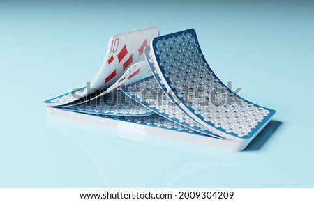 close up of 3d rendering shuffle playing card motion over light blue background. 3d illustration