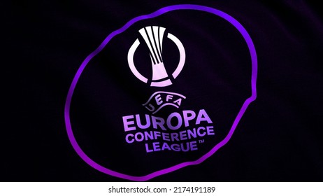 Close up of an abstract emblem of the UEFA Europa Conference League. Motion. Waving realistic background. For editorial use only.