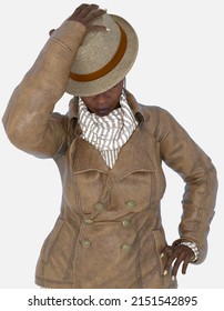 Close up of Agatha, an older graying amateur sleuth woman with her head down on an isolated background. Agatha is a 3D illustration character model render wearing a brown leather jacket and fedora.