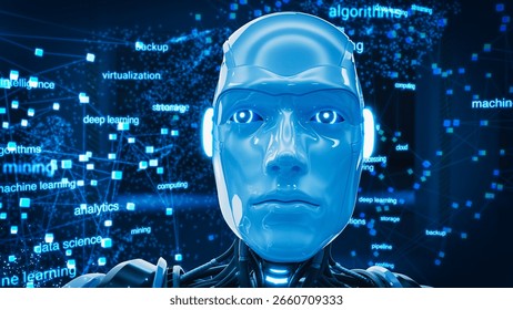 Close Up Of An AI Robot. Featuring Dynamic 3D Graphics And Futuristic Imagery, Highlighting The Convergence Of Technology And Consciousness
